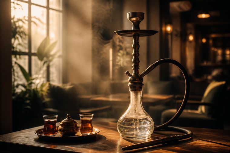 Esperanto Cafe salonunda ahşap masa üzerinde nargile ve bakır tepside çay bardakları